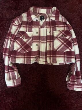 Love Tree Burgundy and White Plaid Cropped Shacket